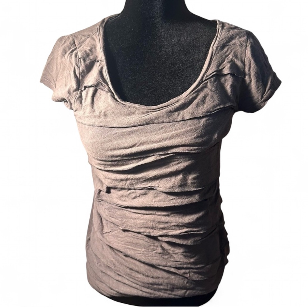 Ann Taylor Loft Grey Scoop Neck Ruffle Tiered Cap Sleeve T Shirt XS